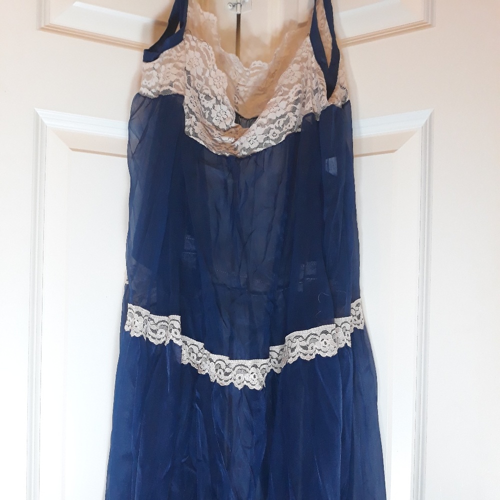 Long Vintage Nylon Indigo Blue Sheer Nightgown